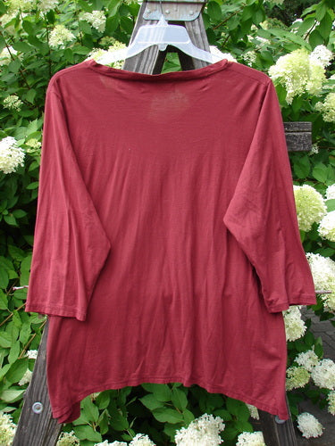 A maroon Barclay Tissue Raglan V Neck Layering Top, size 2, hangs on a clothes rack. 3/4 length sleeves and a fluttery V neckline add charm to this featherweight cotton batiste shirt.