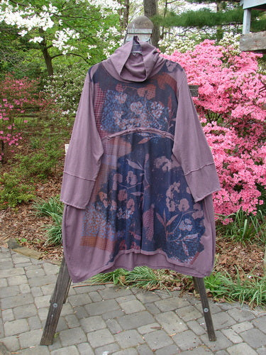 Barclay Cotton Hemp Mock Bell Dress Grid Garden Dusty Plum Size 2, showcasing a unique design with raw edges, varying hemline, and generous front paint detail. Vintage Blue Fish Clothing from BlueFishFinder.com.
