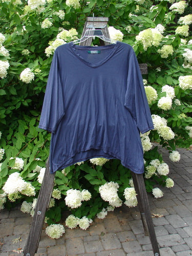 Barclay Tissue Raglan V Neck Layering Top Unpainted Navy Sky Size 2: A lightweight cotton top with a V neckline and 3/4 length sleeves. Features a flutter detail and a varying hemline.