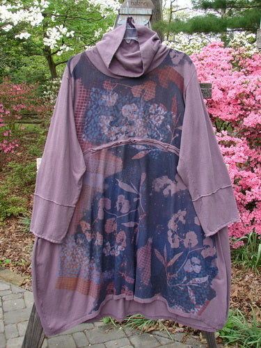 Barclay Cotton Hemp Mock Bell Dress Grid Garden Dusty Plum Size 2 displayed on a rack. Features include a Mock Flop Fold Over Collar, Varying Hemline, and Grid Garden Theme. Front Length 40, Back Length 44 inches.