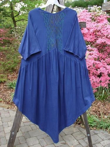 Barclay Short Sleeved Dubuffet Dress with Spirograph Theme, Royal Blue, Size 2, in Excellent Condition. Features include Mega Gathered Front, Pointed Hemline, and Three-Quarter Sleeves with Pinched Seams. Vintage Blue Fish Clothing.
