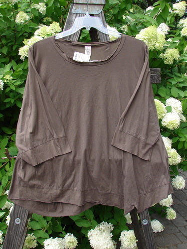 Barclay NWT Angle Flutter Bottom Top, brown shirt on a swinger, organic cotton, rounded neckline, angled hemline, wider flutter, raw cut hem, three-quarter length sleeves, size 2.