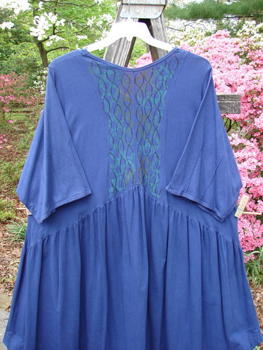 Barclay Short Sleeved Dubuffet Dress featuring a Spirograph design in Royal blue, size 2. Super Mega Gathered Front, Pointed Hemline, Three Quarter Sleeves with Pinched Seams. Vintage Blue Fish Clothing from BlueFishFinder.com.