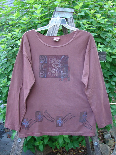 Barclay Long Sleeved Studio Tee Celtic Wind Loam Size 0 features a whimsical Celtic Wind paint theme, a thinner neckline, and a boxy shape, highlighting Bluefishfinder.com's unique vintage-inspired style.