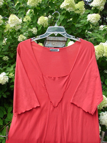 Image alt text: Barclay Reverse Triangle Sectional Dress in Geranium, size 2, on a swinger with three-quarter length sleeves and curly edgings.