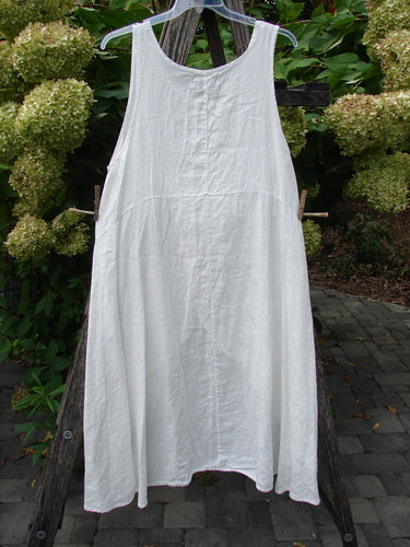 Barclay NWT Linen Tulip Midlayer Overpiece Unpainted White Size 0 displayed on a garden trellis, showcasing its sleeveless design, layered cross-over front, and sweeping A-line flare in an outdoor setting.