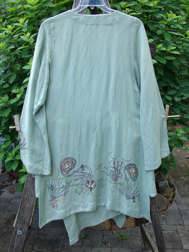 Barclay Viscose Long Ribbon Side Tie Jacket Garden Folly Kelp Size 0, showcasing a single thick ribbon closure, varying painted hemline, and elegant sway, reflecting BlueFishFinder's vintage, artistic style.