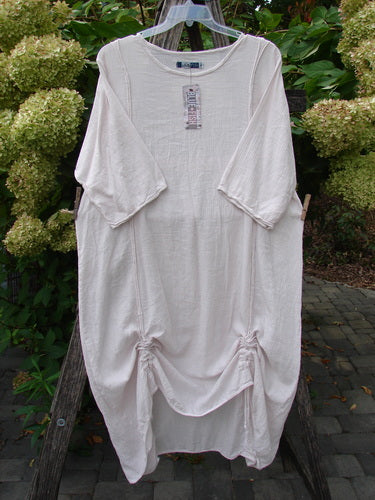 Barclay NWT Textured Batiste Linen Haystack Dress Unpainted Translucent Size 0, featuring a knee-length A-line shape, elbow-length sleeves, and front draw-string gathers, displayed against garden hydrangeas.