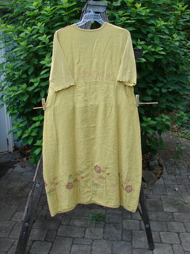 Barclay Linen Cotton Sleeve Banded Hem Pleat Dress Daisy Path Sunshine Dress Size 0 features vertical pleats, a rounded neckline, and short sleeves, displayed on a clothesline, highlighting its intricate daisy-themed design.