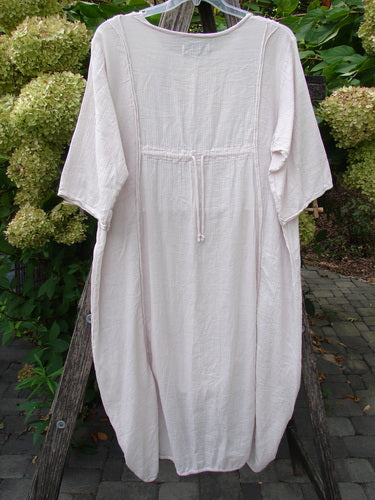 Barclay NWT Textured Batiste Linen Haystack Dress Unpainted Translucent Size 0 features a loose-fitting design, elbow-length sleeves, and waist drawstring, displayed outdoors on a hanger against hydrangea bushes.