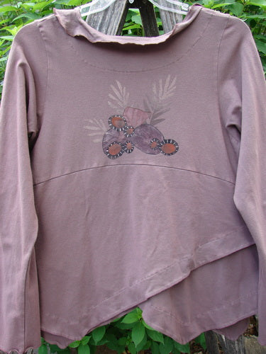 Barclay Cotton Lycra Tiny Button Cross Over Top Galaxy Dusty Burgundy Size 0 showcases a unique button wrap front, varying hemline, vertical gathered sides, and galaxy-themed paint, embodying BlueFishFinder's creative vintage style.