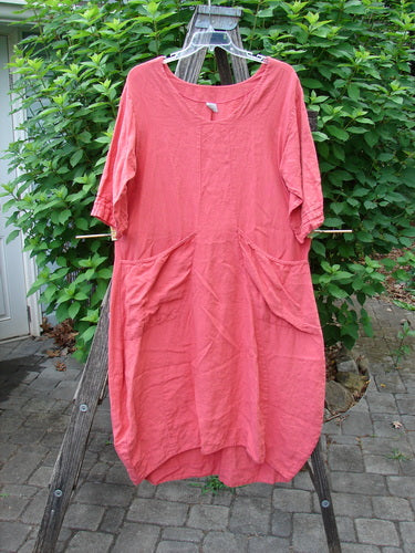 Barclay Linen Ceremony Tea Thostle Dress in Geranium, gently draped on a clothesline, showcasing its hourglass shape, three-quarter bell sleeves, and pleated pockets in a heavier weight linen.