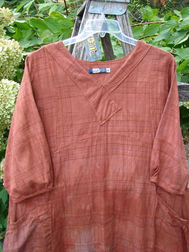 Barclay NWT Flannel Cross Over Blue Moon Pocket Dress in Terra Ombre Plaid, size 0, displayed outdoors, highlighting its loose-fit design and subtle plaid texture against lush greenery.