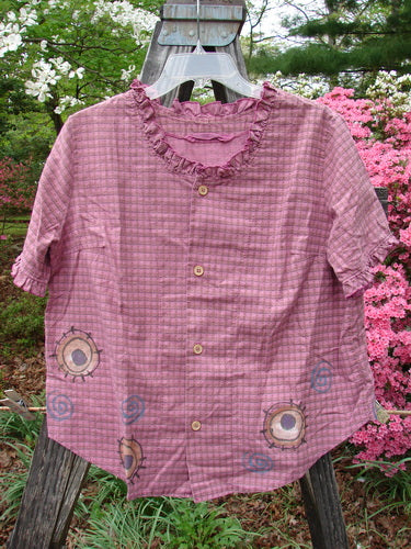 Vintage 1996 Woven Boardwalk Top featuring Unpainted Hibiscus Gingham pattern. Organic cotton, ruffled neck and sleeves, rounded hem, and retro fish design. Bust 46, Waist 46, Hips 48. Feminine and unique.