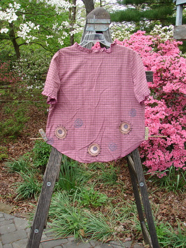 Vintage 1996 Woven Boardwalk Top featuring a Hibiscus Gingham pattern. Organic cotton in perfect condition. Ruffle neck, rounded hem, bust darts. Retro chic from BlueFishFinder's unique collection.