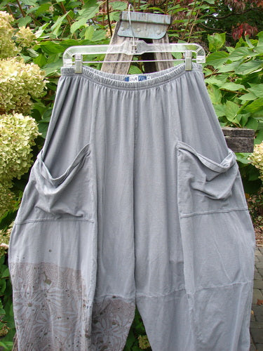 Barclay Crop Two Pocket 4 Square Pant Spin Flower Grey Green Size 0, featuring loose-fitting design, elastic waistband, two oversized pockets, and unique sectional panels, displayed on a hanger in a garden setting.