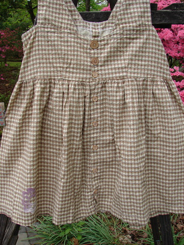 Vintage 1996 Woven Roadside Jumper featuring Flower Wheel design in White Pine Gingham. Darling wooden buttons, gathered pleats, squared neckline, and empire waist. Perfect for creative expression. From Bluefishfinder.com.