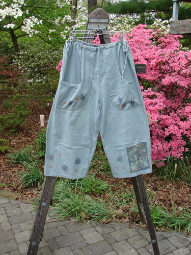 Vintage 1993 Garden Pant with Star Leaf Tree design in Ocean, Size 2. Features corded side ties, wide crop shape, deep pockets, and unique tree-themed paint. From BlueFishFinder.com, offering creative vintage Blue Fish Clothing since 1986.