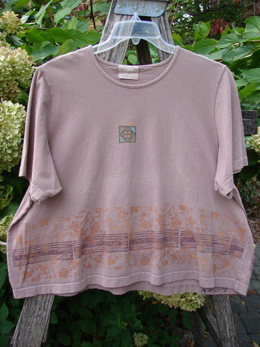 2000 Short Sleeved Crop Tee Floral Fence Border Coralline Size 2 displayed outdoors on a hanger; features a square chest graphic and an orange-brown decorative motif band below.