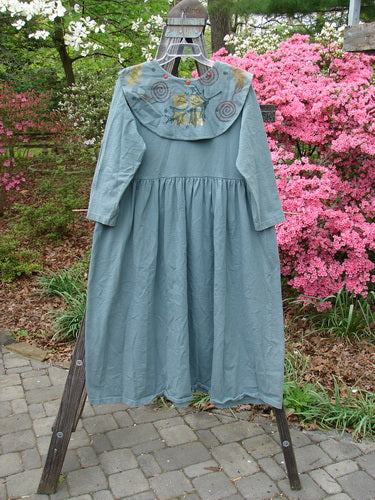 Vintage 1992 Silly Collar Dress with Spin Leaf design in Grey Green, Size 1. Features include sailor collar with mix-matched vintage buttons, empire waist, gathered fabric, and A-line shape. Bust 42, Waist 44, Hips 70. Length 48.