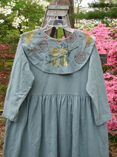 Vintage 1992 Silly Collar Dress with Spin Leaf Design in Grey Green, Size 1. Features include a sailor collar with vintage buttons, empire waist, gathered fabric, and A-line shape. From BlueFishFinder.com.