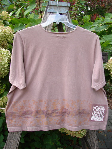 2000 Short Sleeved Crop Tee Floral Fence Border Coralline Size 2, displayed on a garden trellis, features a subtle border pattern and signature Blue Fish patch, showcasing BlueFishFinder.com's vintage style.