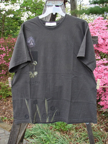 Vintage 1998 Botanicals Short Sleeved Tee in Raven, Size 2. Organic cotton tee with floral branch design, Blue Fish patch, and ribbed neckline. Bust 54, Waist 54, Hips 54, Length 32 inches.