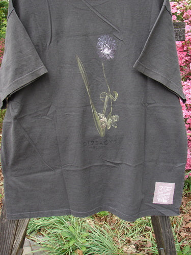 Vintage 1998 Botanicals Short Sleeved Tee featuring a floral branch design on a grey organic cotton shirt. From BlueFishFinder's Spring Collection, size 2, with a boxy shape and Blue Fish patch.