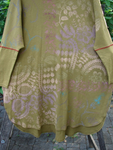 Close-up of the Barclay Thermal Contrast Revival Top Botanicals Yellow Olive OSFA, showcasing its medium-weight cotton thermal fabric with ribbed accents and a continuous botanical pattern.