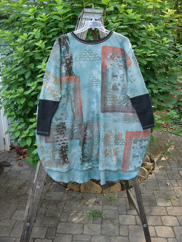 Barclay Thermal Contrast Revival Top Farm Turq OSFA showcases contrasting ribbed sleeves and neckline, a varying A-line shape with side vents, and a unique farm-themed design, embodying vintage creativity.