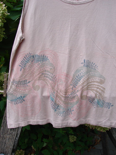 Barclay Batiste Tank Top Fern Wind Blush Size 1 displayed outdoors, featuring a wavy fern pattern in muted blues and reds, slightly deeper neckline, and straight shape, embodying BlueFishFinder's vintage style.