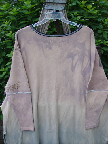 Barclay Thermal Contrast Revival Top Script Pastels OSFA displayed on a hanger, showcasing its ribbed, tapering sleeves, rounded neckline, and A-line shape with side vents, embodying BlueFishFinder's vintage, expressive style.