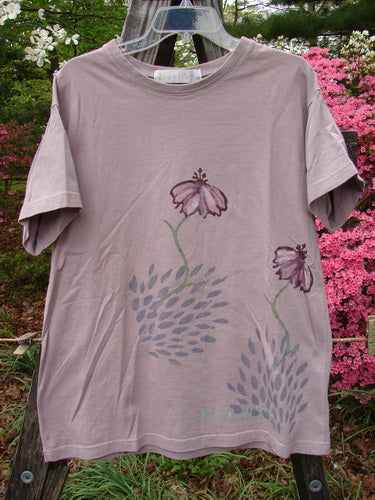 1998 Botanicals Short Sleeved Tee featuring Echinacea and Floral Bud motifs in Passiflora. Vintage Blue Fish Clothing from BlueFishFinder. Organic cotton tee with ribbed neckline, vibrant botanicals, and signature patch. Size 0.