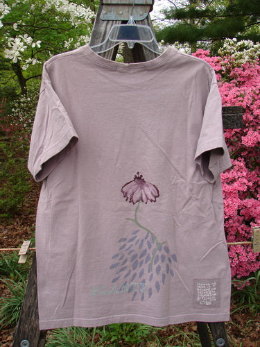 1998 Botanicals Short Sleeved Tee featuring Echinacea Passiflora design. Vintage Blue Fish Clothing from BlueFishFinder. Organic cotton jersey, ribbed neckline, floral theme, signature patch. Size 0, Bust 44, Waist 44, Hips 44.