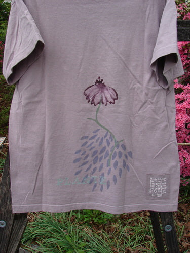 1998 Botanicals Short Sleeved Tee featuring Echinacea Passiflora design. Vintage Blue Fish Clothing. Organic cotton jersey. Ribbed neckline, colorful floral theme, Blue Fish patch. Bust 44, Waist 44, Hips 44, Length 28.
