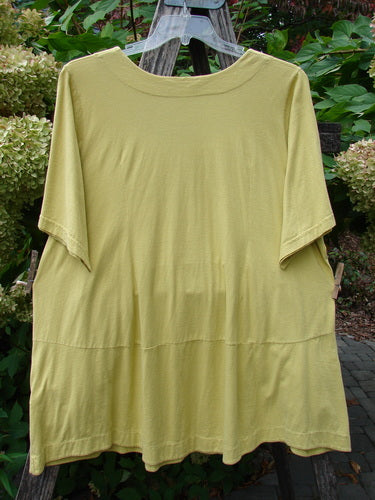 Barclay Seedling Top Unpainted Sunshine Size 2 displayed on a wooden ladder, showcasing its loose fit, thin neckline, scalloped hemline, and exterior pockets, set amidst a lush garden backdrop.