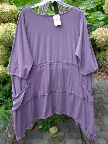 Barclay NWT Raw Seam Vector Tunic Dress Tri Floral Violet Size 2, features a scoop neckline, tiered seams, front pockets, and dip hemline, elegantly displayed against a natural leafy backdrop.