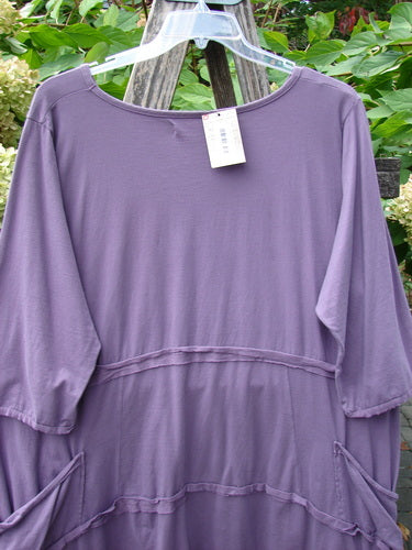 Barclay NWT Raw Seam Vector Tunic Dress Tri Floral Violet Size 2 displayed outdoors, featuring a loose fit, tiered seams, front pockets, raw edges, and a varying hemline.