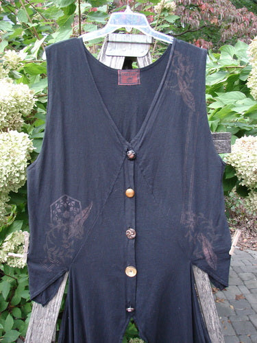 Barclay Calligrapher's Vest Asian Inspiration Black Size 0 features a loose, sleeveless design with a V-neck, mismatched buttons, and tone-on-tone motifs, creating a unique, drapey silhouette.
