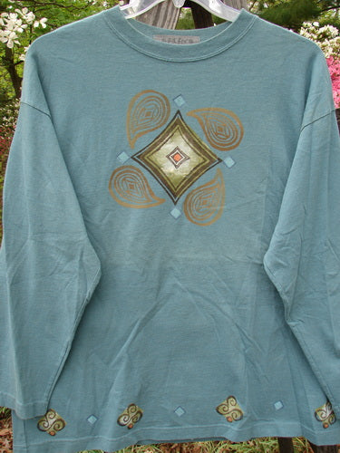 Vintage 1997 Long Sleeved Tee with Diamond Paint Design in Cypress, Size 1. Mid Weight Organic Cotton, Ribbed Neckline, Drop Shoulders, Cozy Longer Sleeves. Bust 50, Waist 50, Hips 50, Length 28 Inches.
