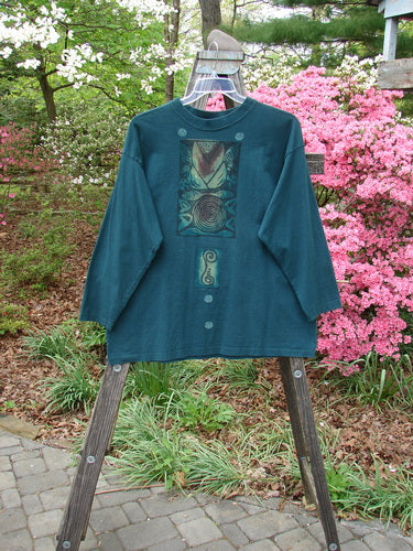 Vintage 1996 Long Sleeved Tee in Viridian, Size 1, from BlueFishFinder. Features a Dropped Shoulder, Ribbed Neckline, Blue Fish Patch, and Mixed Verticals Paint Theme. Made of Organic Cotton Jersey.
