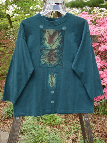 Vintage 1996 Long Sleeved Tee in Viridian, Size 1, from BlueFishFinder.com. Features a Dropped Shoulder, Ribbed Neckline, Blue Fish Patch, and Mixed Verticals Paint Theme. Made of Organic Cotton Jersey.