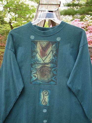 1996 Long Sleeved Tee featuring Mixed Verticals design in Viridian, Size 1. Made from Organic Cotton Jersey with a ribbed neckline and Blue Fish Patch. Bust 54, Waist 54, Hips 54, Length 28 Inches.