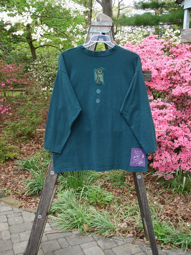 Vintage 1996 Long Sleeved Tee in Viridian, Size 1, from BlueFishFinder.com. Features a Slightly Dropped Shoulder, Thicker Ribbed Neckline, and Signature Blue Fish Patch. Made from Heavier Weight Organic Cotton Jersey.