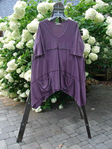 Barclay Vertical Gather Drop Pocket Dress Unpainted Dusty Plum Size 2: A purple shirt on a rack with a front vertical gather and drop pockets.