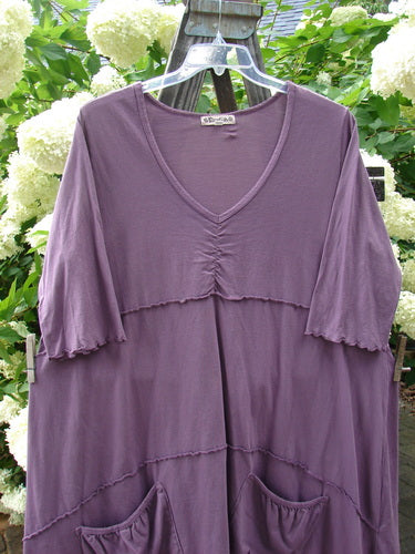 Barclay Gather Front Pocket Dress in Dusty Plum, Size 2. A purple shirt on a swinger with dip side varying hemline, front vertical gather, and A-line shape. Features include lower sleeve lettuce edges and two exterior front drop pockets.