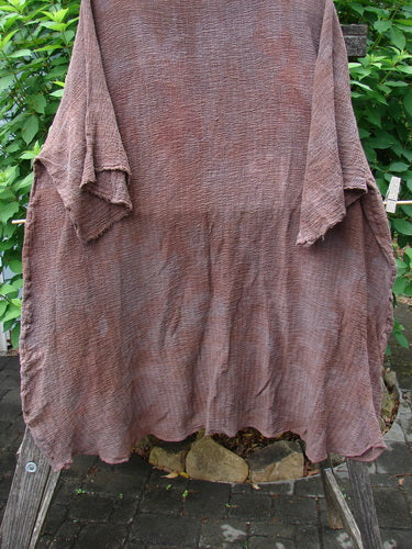 Barclay Crinkle Gauze Ana Tunic Dress in Mottled Copper, featuring a slightly shallow rounded neckline, wide three-quarter sleeves with frays, seamless shoulders, and a varying hemline, perfect for creative expression.