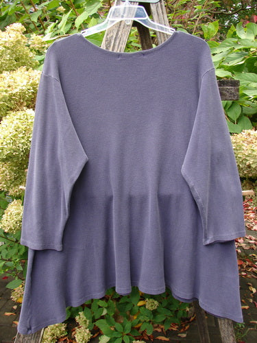 Barclay Thermal A Lined Top Spirograph Plum Size 2 on a hanger, showcasing its loose fit, A-line shape, rounded neckline, and long sleeves, set against a natural backdrop.