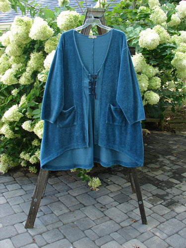 Image alt text: Barclay Chenille Rippie Tie Front Robe Jacket in Teal, Size 2, on a rack.