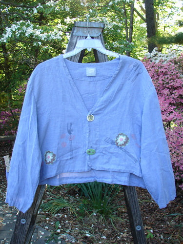 Vintage 1999 Weathervane Jacket in Iris with Summer Garden Lunch Theme, Size 2. Unique mix-match buttons, V-neck, and rounded hem. Handkerchief linen. From BlueFishFinder.com, celebrating creative expression through Vintage Blue Fish Clothing.